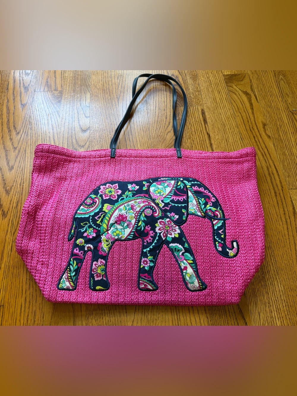 Rare Vera Bradley Large Straw Tote — Pink Petal Paisley Elephant Blue Strap